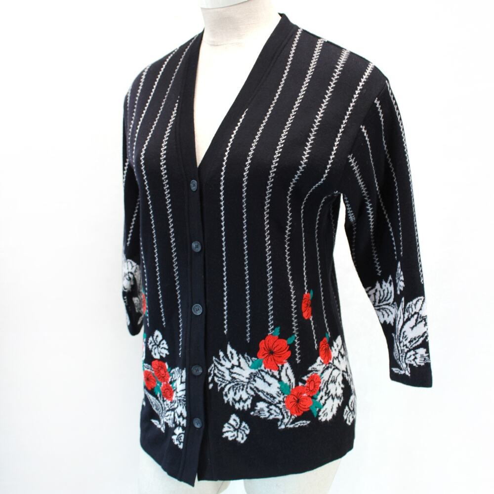 Laurel Vintage Black Floral Embroidered Cardigan Sweater Knit 90s Large